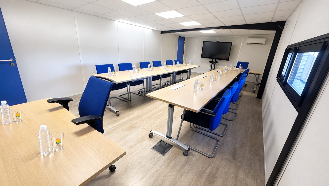 Grande salle, tables en U et écran